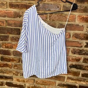 Olivaceous Blue White Striped One Shoulder Blouse Women's Size Small